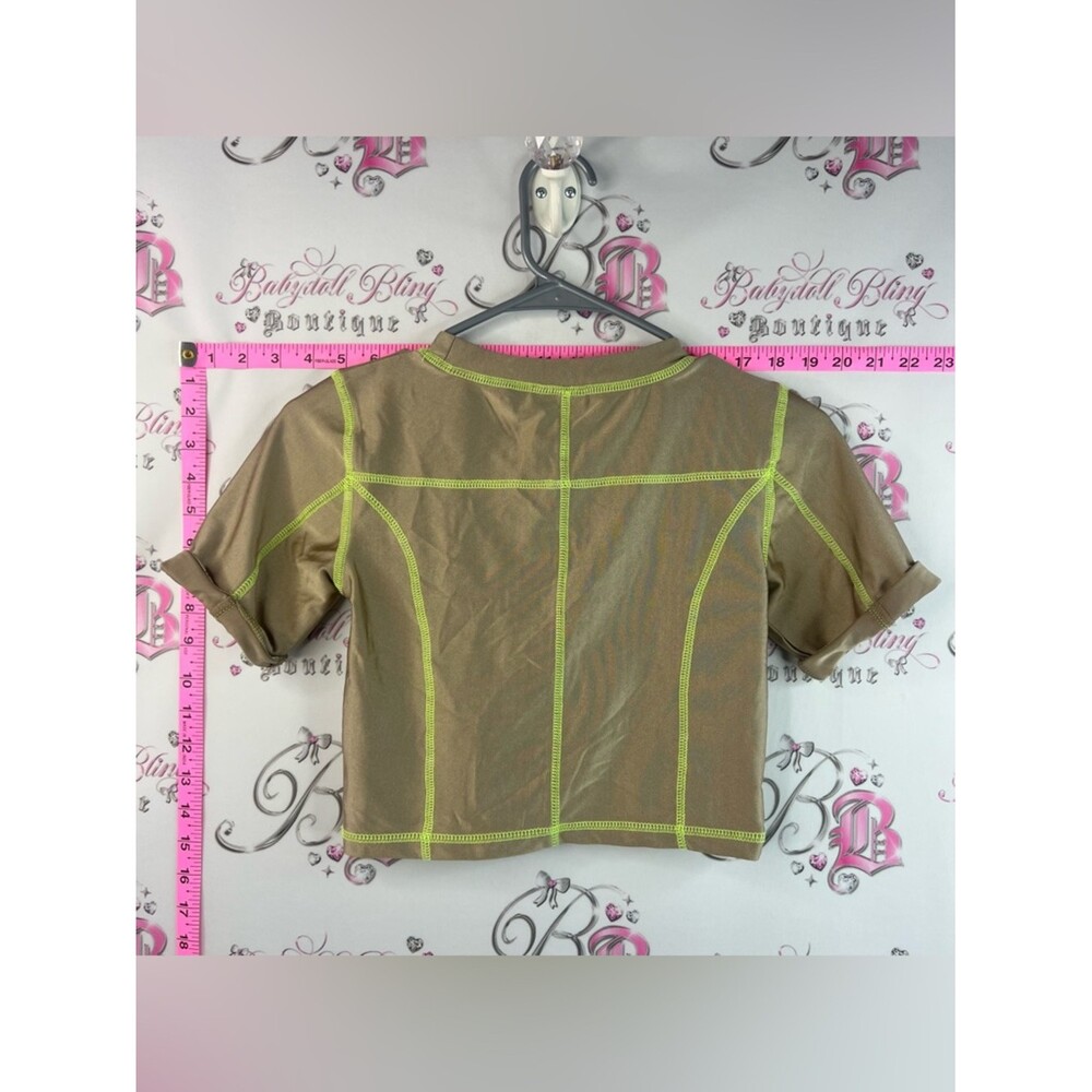 Urban Outfitters crop top Khaki Crop Tee with Neon Yellow Contrast Stitching - Picture 2 of 8